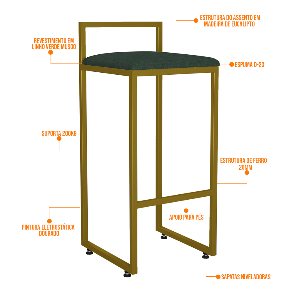 Kit 03 Banquetas Alta Para Cozinha Sala De Jantar Hanna L02 Dourado Linho Verde Musgo - Lyam Decor
