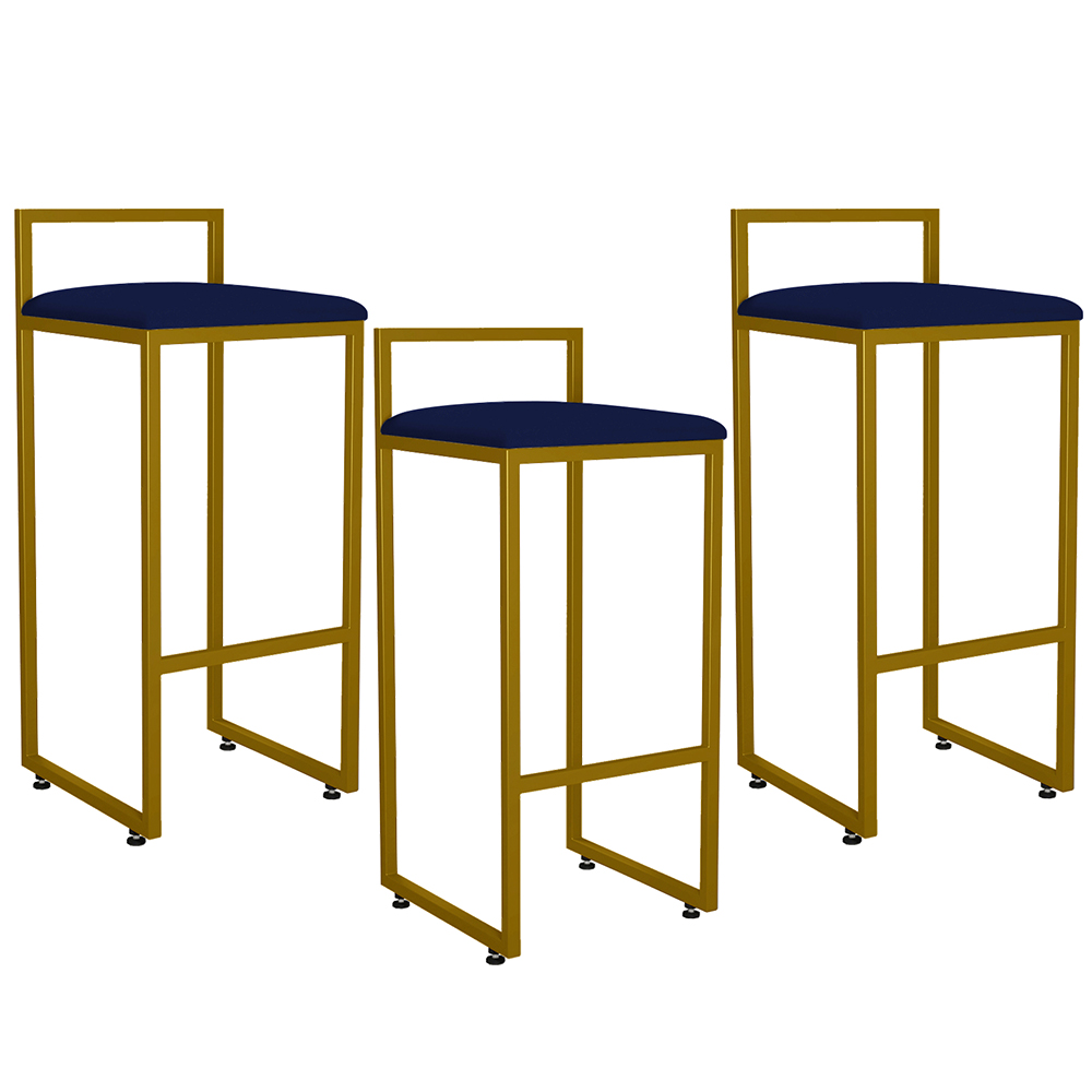 Kit 03 Banquetas Alta Para Cozinha Sala De Jantar Hanna L02 Dourado Suede Azul Marinho - Lyam Decor