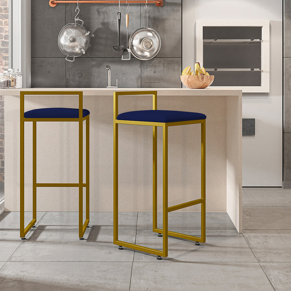 Kit 03 Banquetas Alta Para Cozinha Sala De Jantar Hanna L02 Dourado Suede Azul Marinho - Lyam Decor