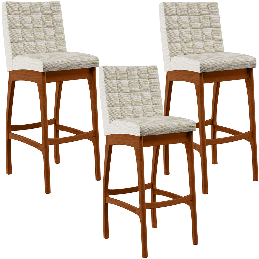 Kit 03 Banquetas Alta Para Cozinha Sala de Jantar Fixa Mila B04 Linho Champagne - Lyam Decor