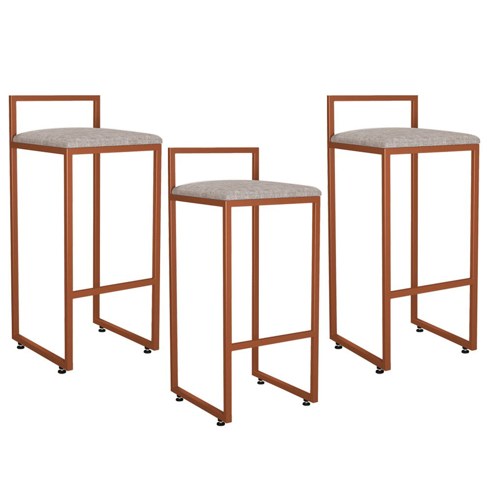 Kit 03 Banquetas Alta Para Cozinha Sala de Jantar Hanna L02 Bronze Linho Bege - Lyam Decor