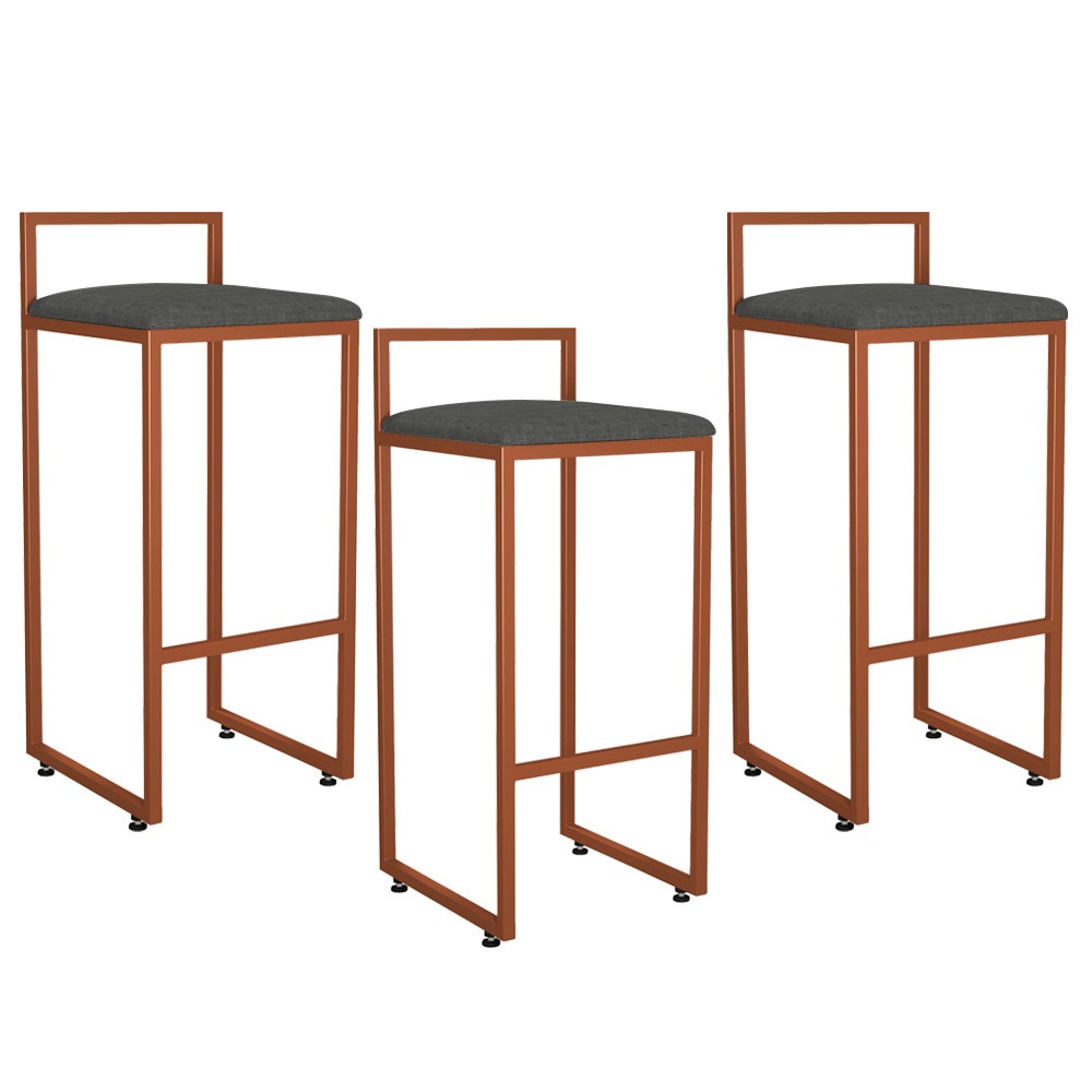 Kit 03 Banquetas Alta Para Cozinha Sala de Jantar Hanna L02 Bronze Linho Chumbo - Lyam Decor