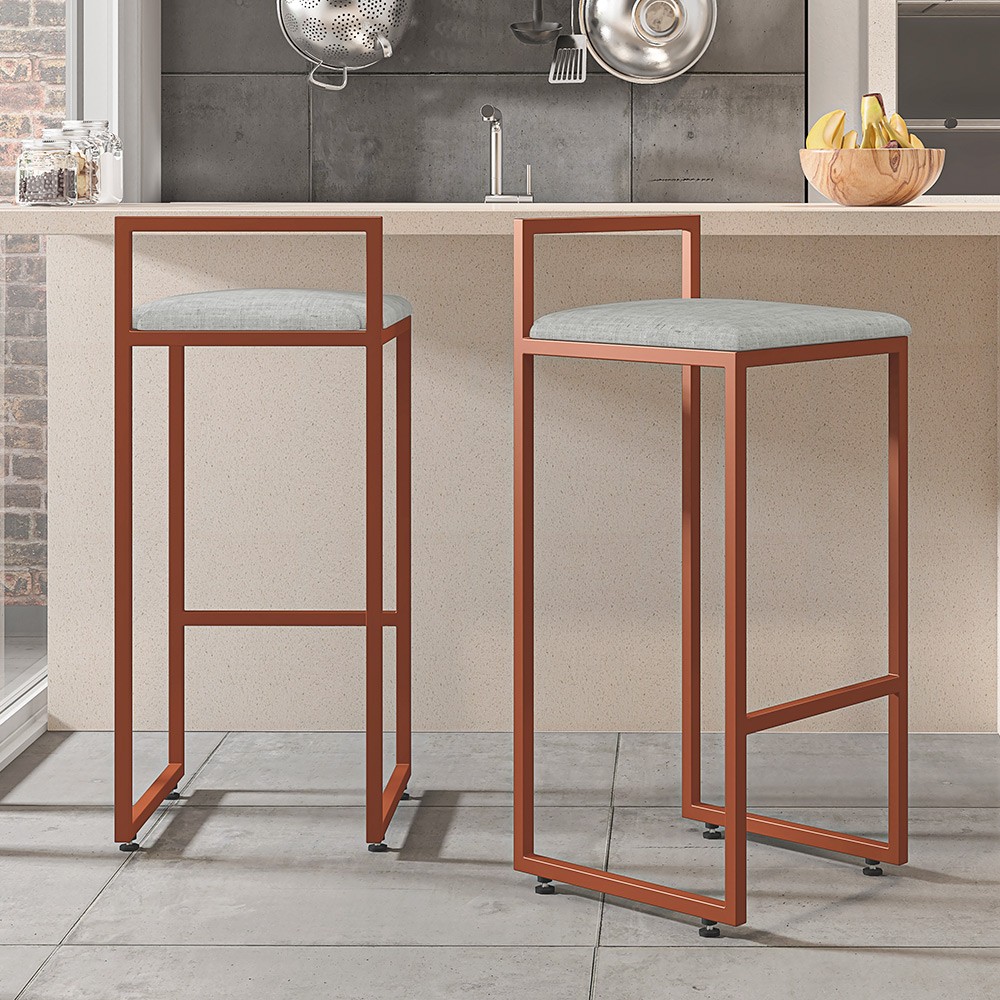 Kit 03 Banquetas Alta Para Cozinha Sala de Jantar Hanna L02 Bronze Linho Cinza - Lyam Decor