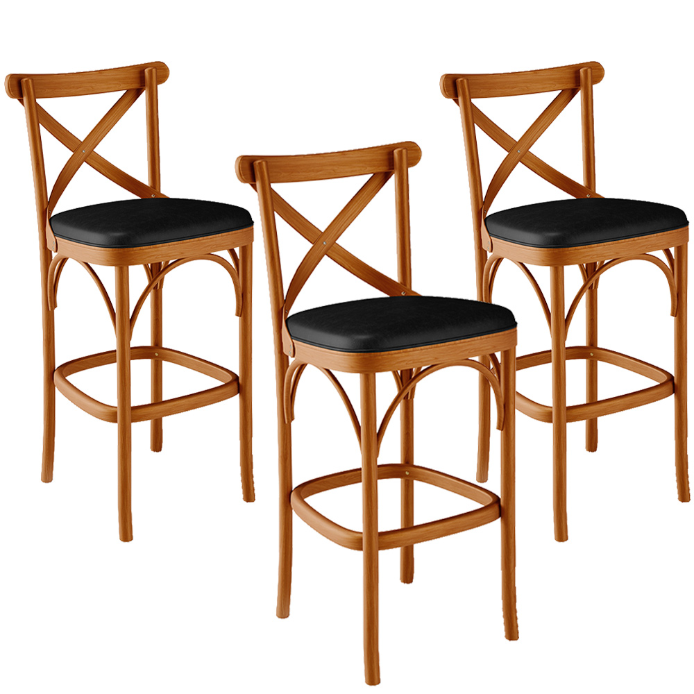 Kit 03 Banquetas Altas Cozinha Bancada Bar Sala Jantar Estofada Ávila L02 Couríssimo Preto - Lyam