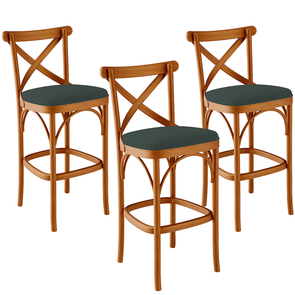 Kit 03 Banquetas Altas Cozinha Bancada Bar Sala Jantar Estofada Ávila L02 Suede Verde Musgo - Lyam