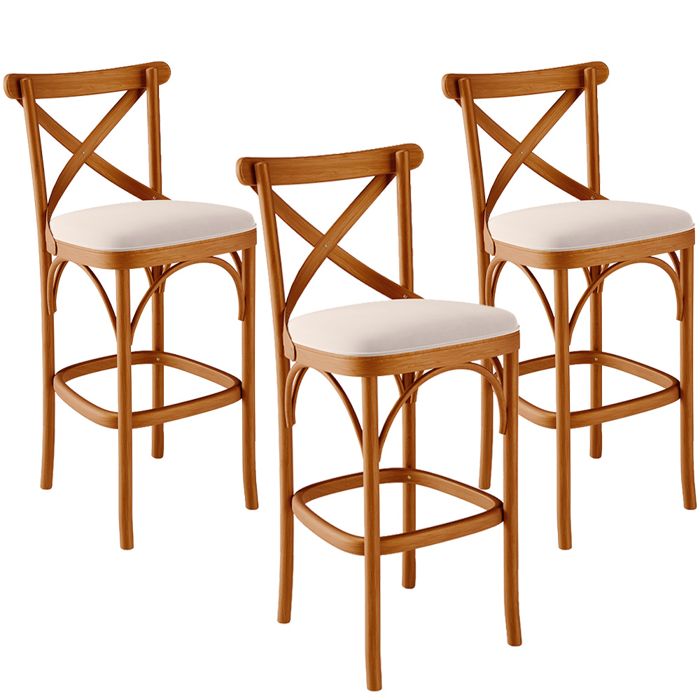 Kit 03 Banquetas Altas Cozinha Bancada Bar Sala de Jantar Estofada Ávila L02 Suede Bege - Lyam