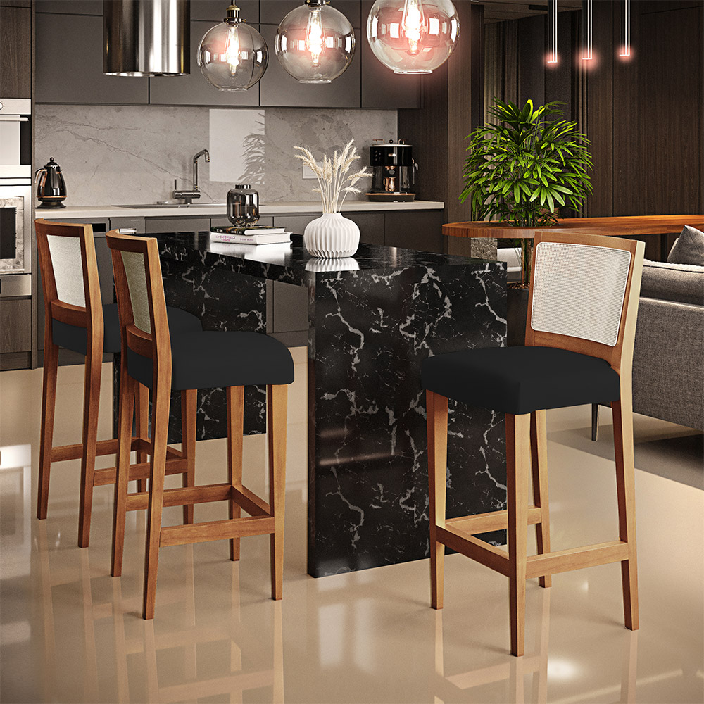Kit 03 Banquetas Altas Cozinha Sala De Jantar Encosto Tela Branco Zion L02 Facto Preto - Lyam Decor