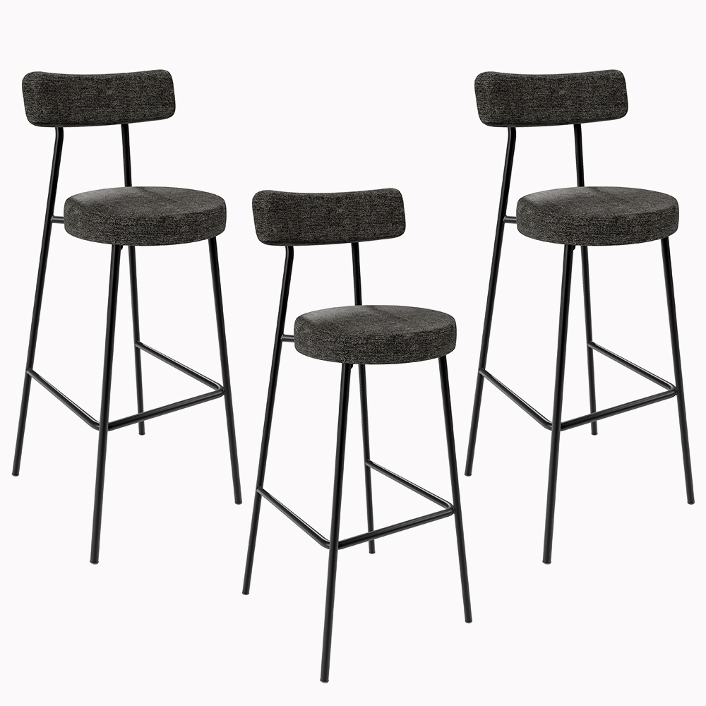 Kit 03 Banquetas Altas Cozinha Sala De Jantar Estrutura Em Aço Milão L02 Linho Chumbo - Lyam Decor