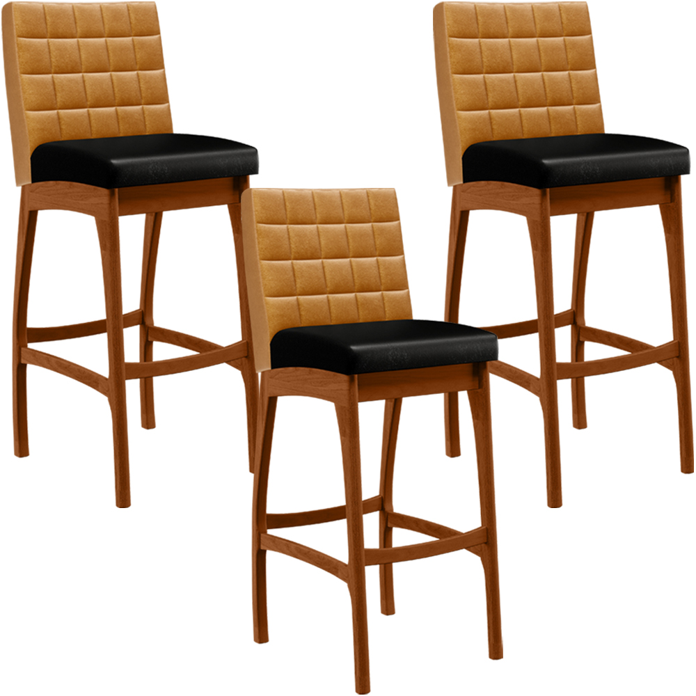 Kit 03 Banquetas Altas Cozinha Sala Jantar Fixa Mila L02 Couríssimo Whisky Couríssimo Preto - Lyam Decor