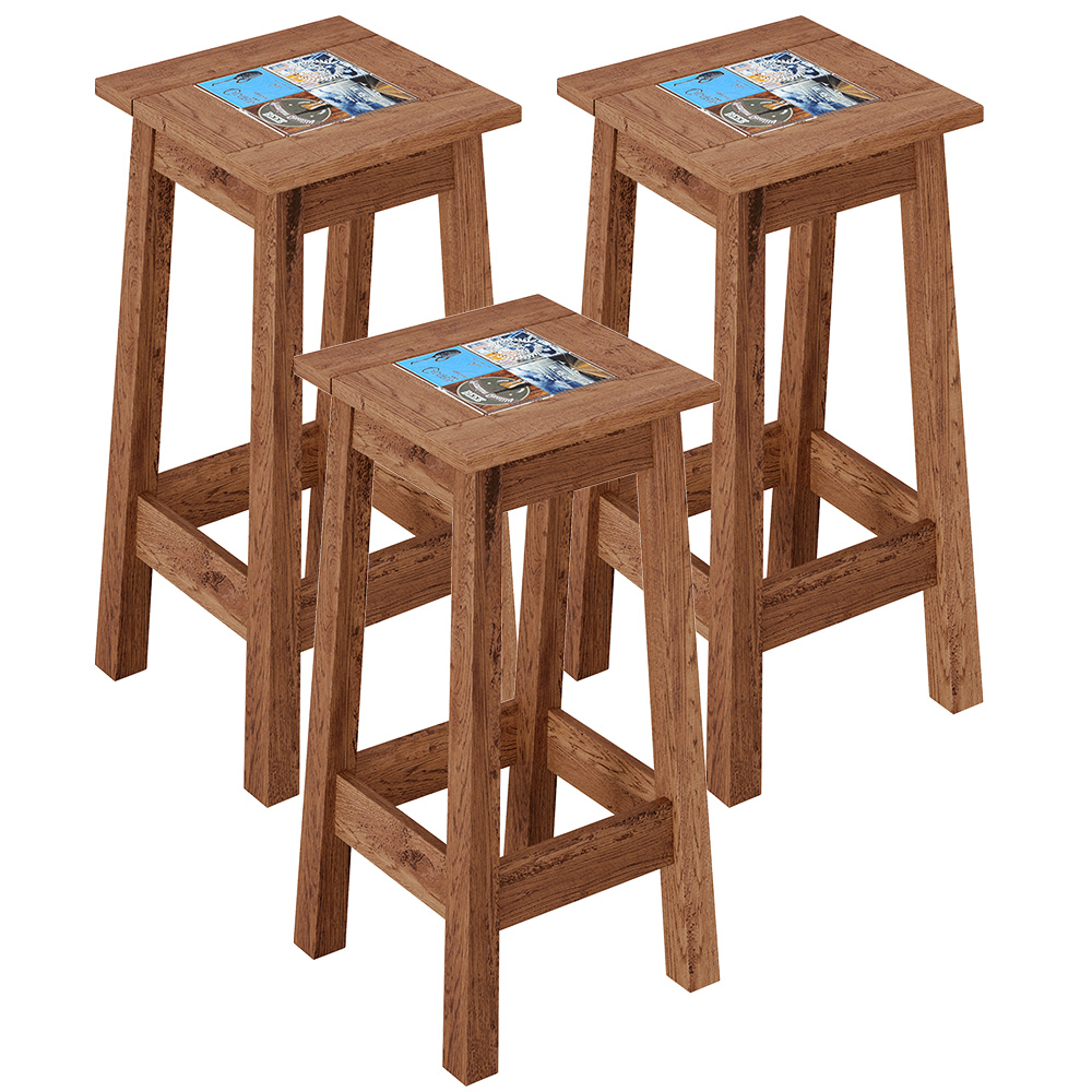 Kit 03 Banquetas Altas De Madeira Maciça Pinus Com Cerâmica Vintage Rústica W02 Imbuia - Lyam Decor