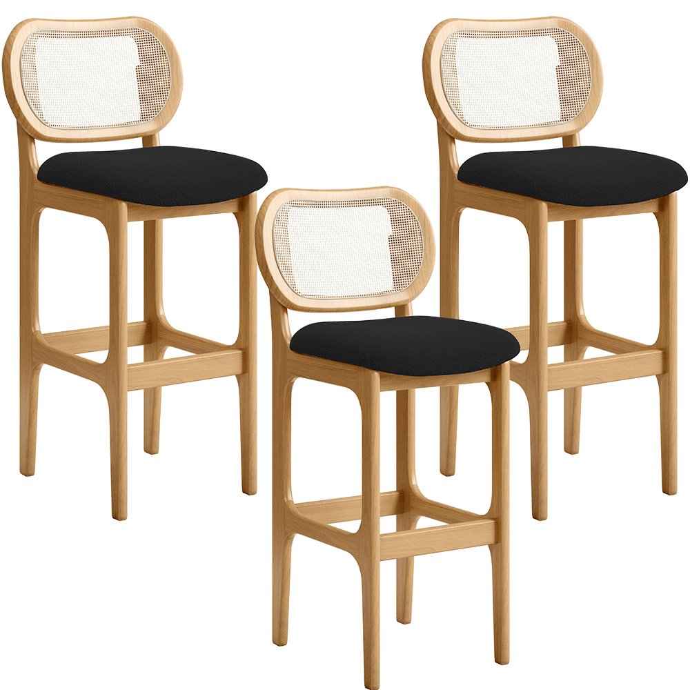 Kit 03 Banquetas Altas Para Cozinha Bancada Sala Tela Betta Fixa L02 Bouclê Preto - Lyam