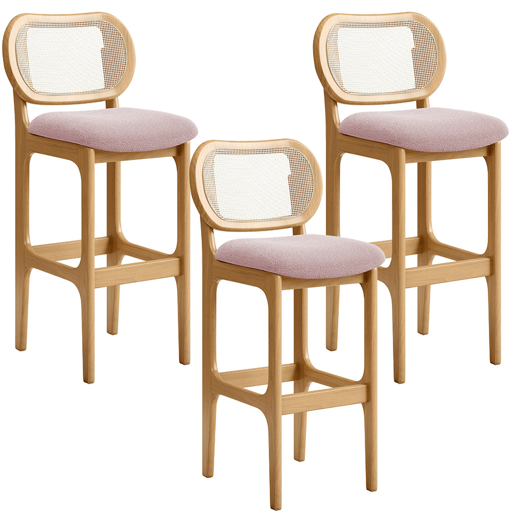Kit 03 Banquetas Altas Para Cozinha Bancada Sala Tela Betta Fixa L02 Bouclê Rosê - Lyam