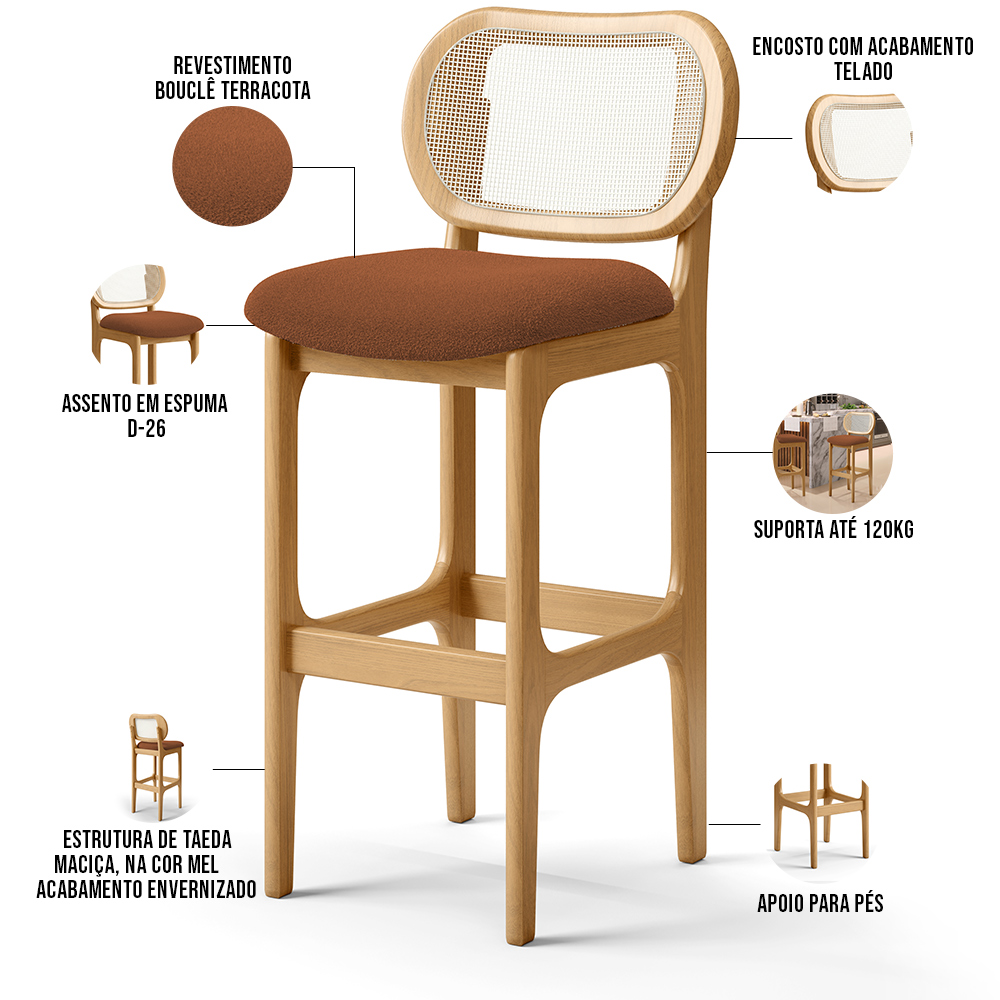 Kit 03 Banquetas Altas Para Cozinha Bancada Sala Tela Betta Fixa L02 Bouclê Terracota - Lyam