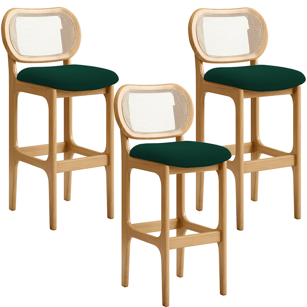 Kit 03 Banquetas Altas Para Cozinha Bancada Sala Tela Betta Fixa L02 Bouclê Verde - Lyam