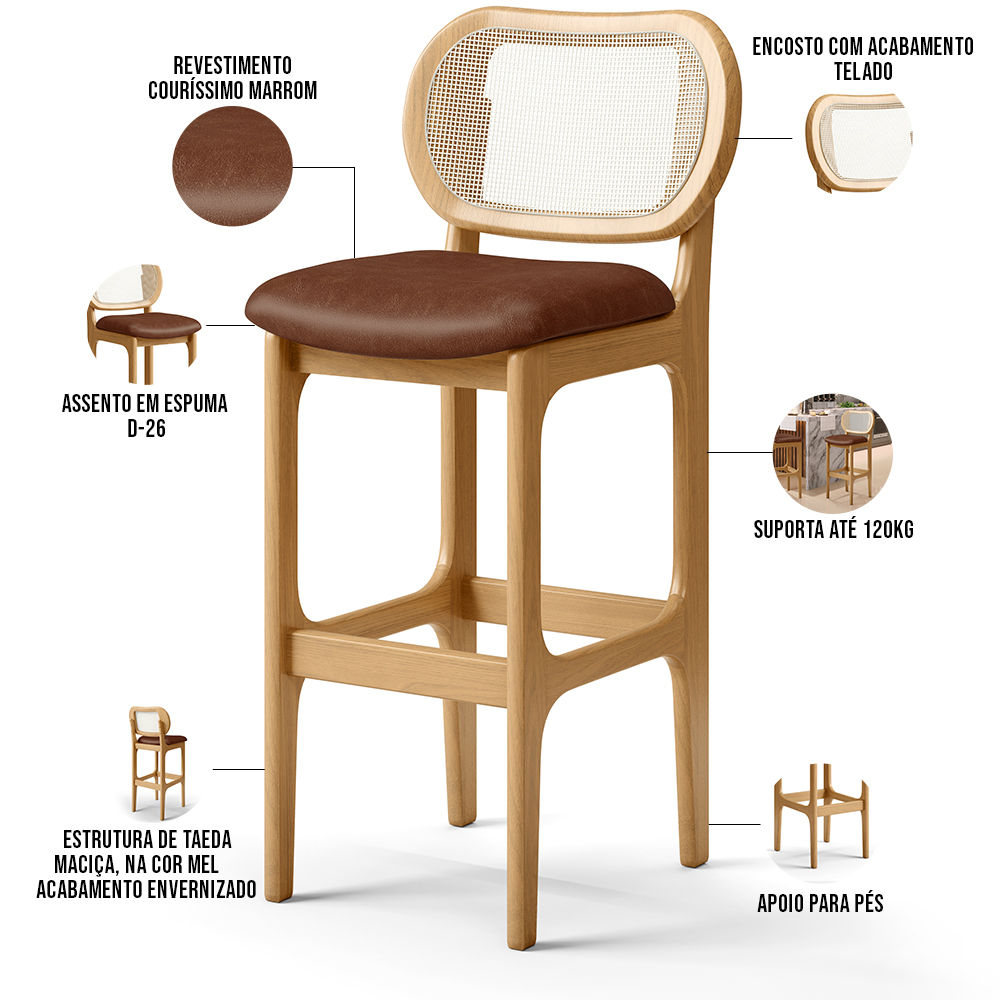 Kit 03 Banquetas Altas Para Cozinha Bancada Sala Tela Betta Fixa L02 Couríssimo Marrom - Lyam