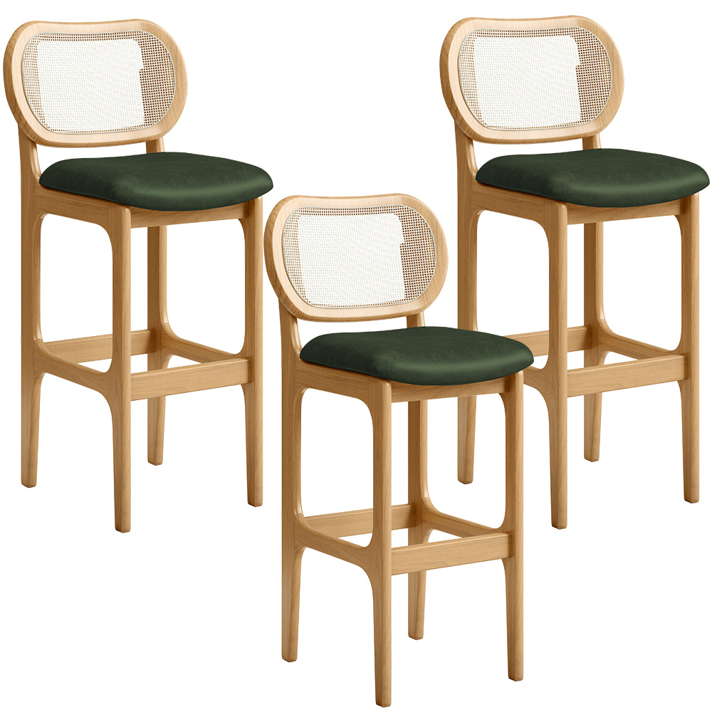 Kit 03 Banquetas Altas Para Cozinha Bancada Sala Tela Betta Fixa L02 Couríssimo Verde Musgo - Lyam