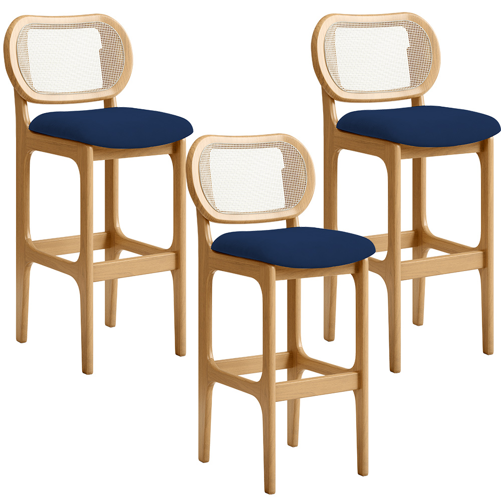 Kit 03 Banquetas Altas Para Cozinha Bancada Sala Tela Betta Fixa L02 Suede Azul Marinho - Lyam