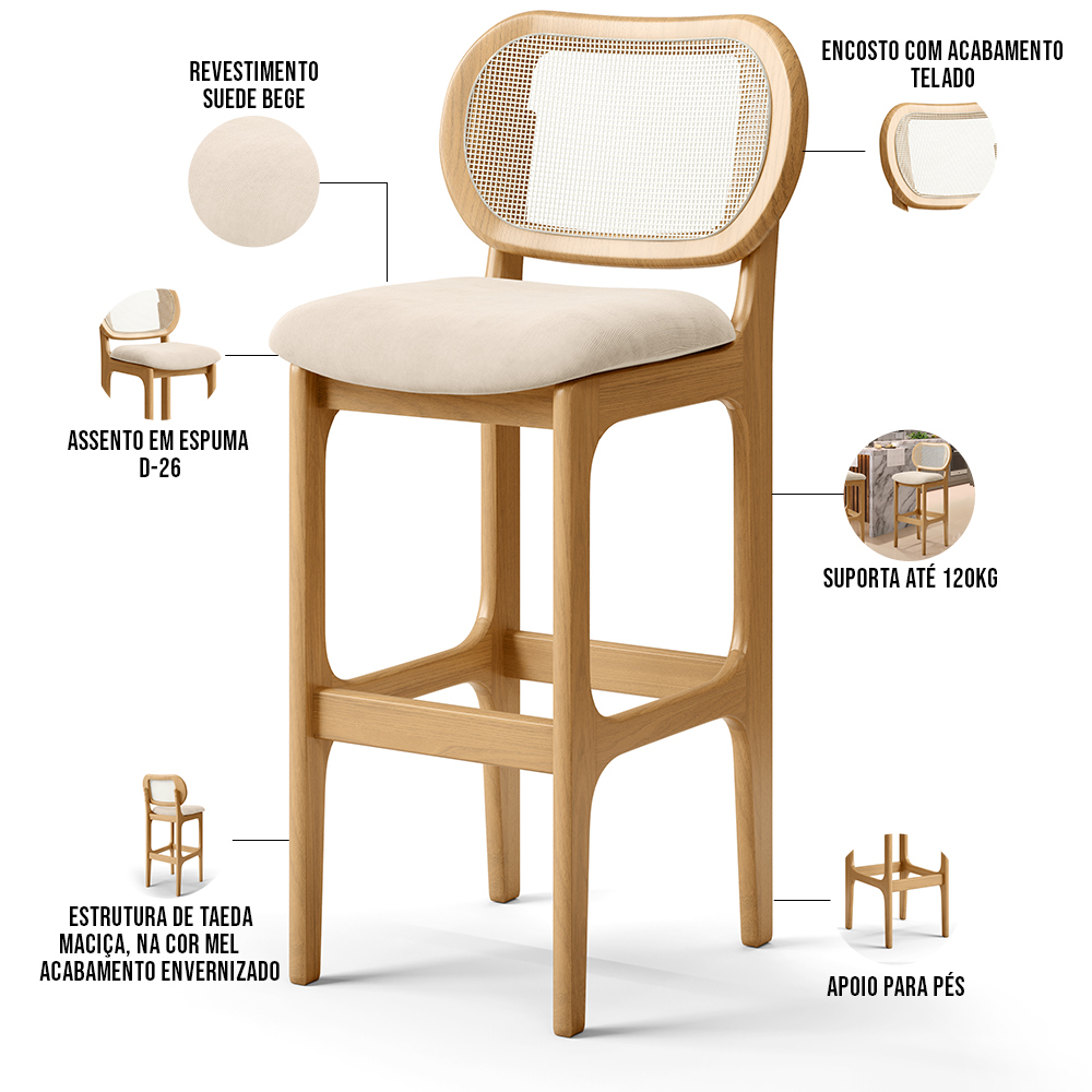 Kit 03 Banquetas Altas Para Cozinha Bancada Sala Tela Betta Fixa L02 Suede Bege - Lyam