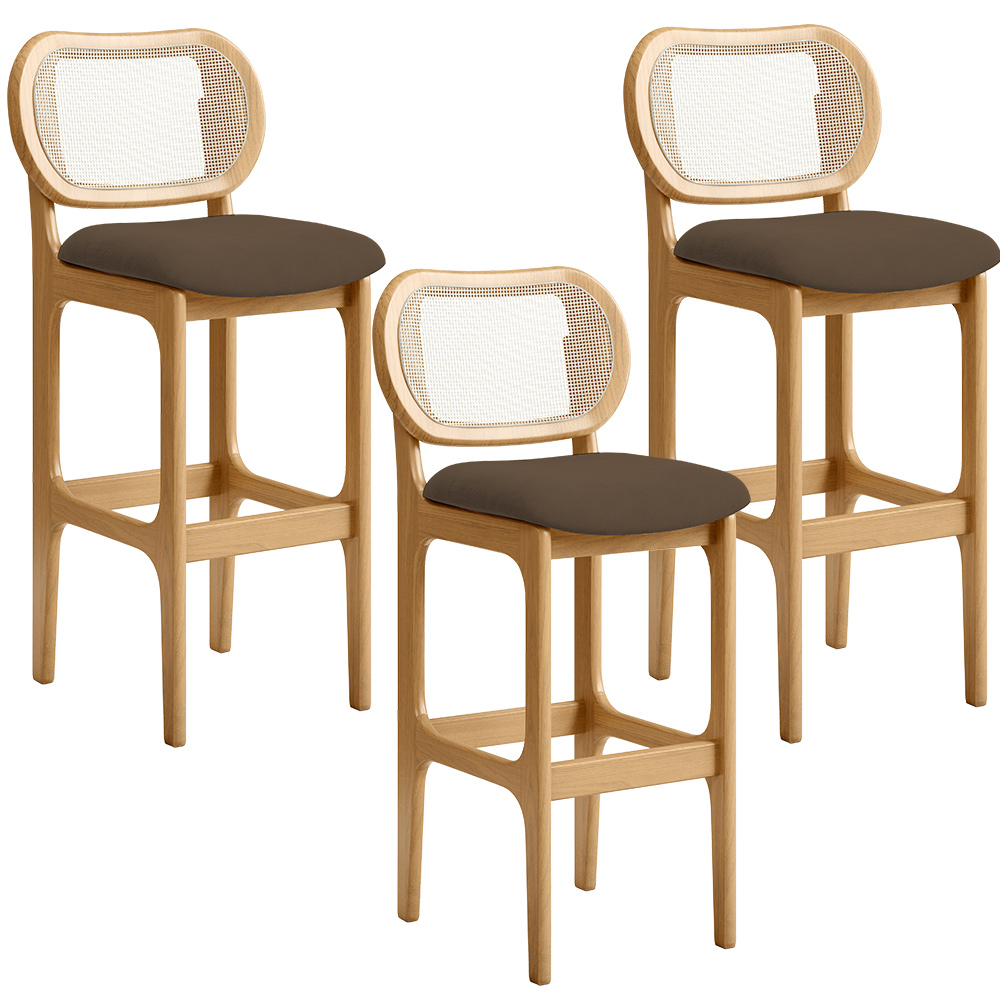 Kit 03 Banquetas Altas Para Cozinha Bancada Sala Tela Betta Fixa L02 Suede Marrom - Lyam