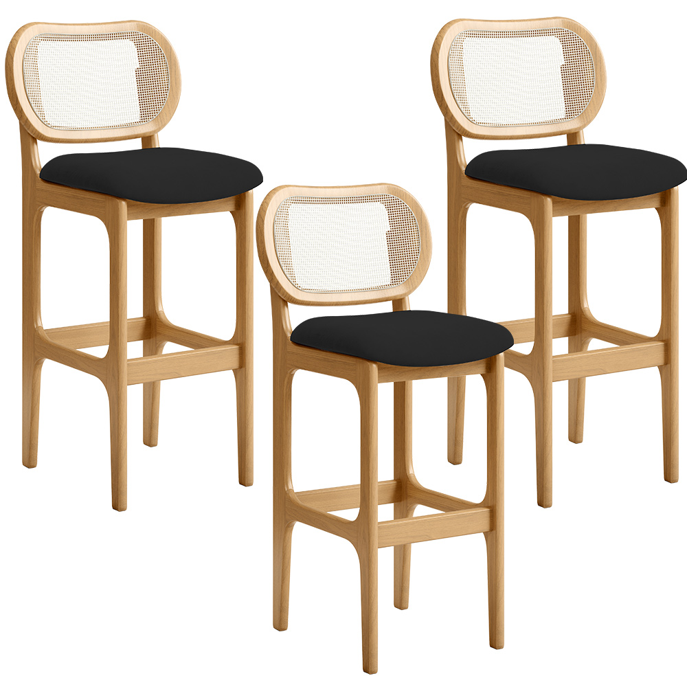 Kit 03 Banquetas Altas Para Cozinha Bancada Sala Tela Betta Fixa L02 Suede Preto - Lyam