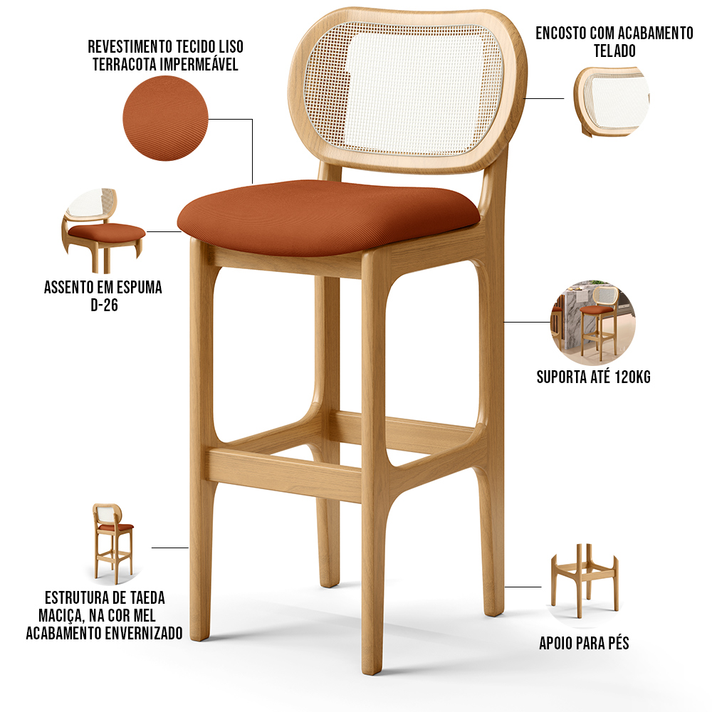 Kit 03 Banquetas Altas Para Cozinha Bancada Sala Tela Betta Fixa L02 Tecido Terracota - Lyam