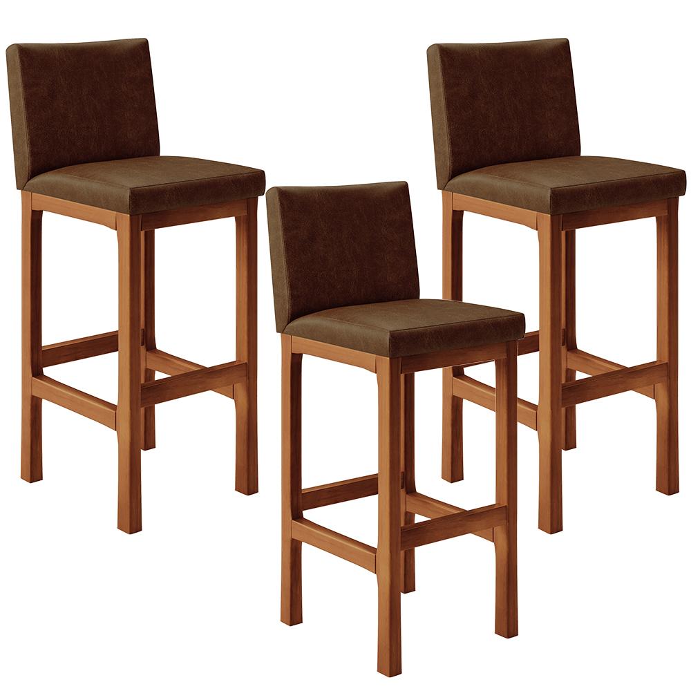 Kit 03 Banquetas Altas Para Cozinha Sala De Jantar Fixa Alya L02 Couríssimo Marrom - Lyam Decor