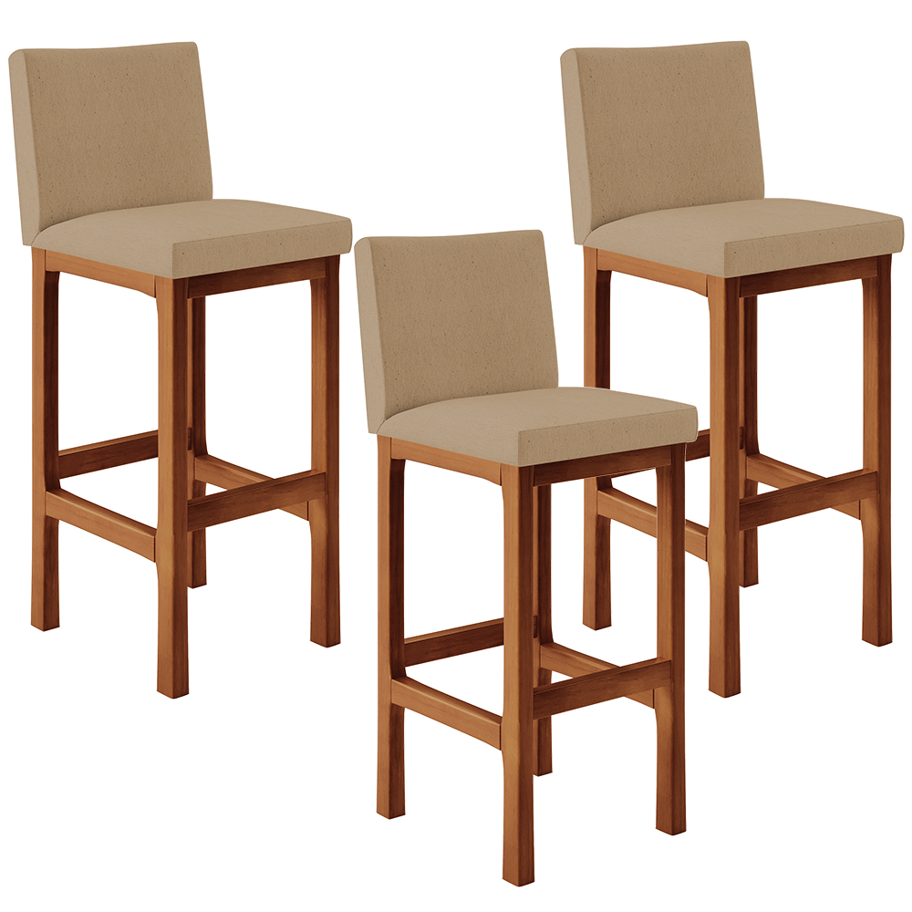 Kit 03 Banquetas Altas Para Cozinha Sala De Jantar Fixa Alya L02 Linho Bege Escuro - Lyam Decor