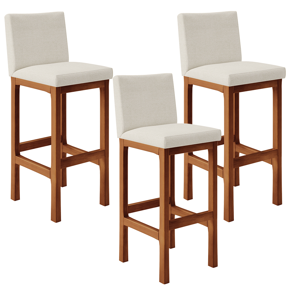 Kit 03 Banquetas Altas Para Cozinha Sala De Jantar Fixa Alya L02 Linho Champagne - Lyam Decor