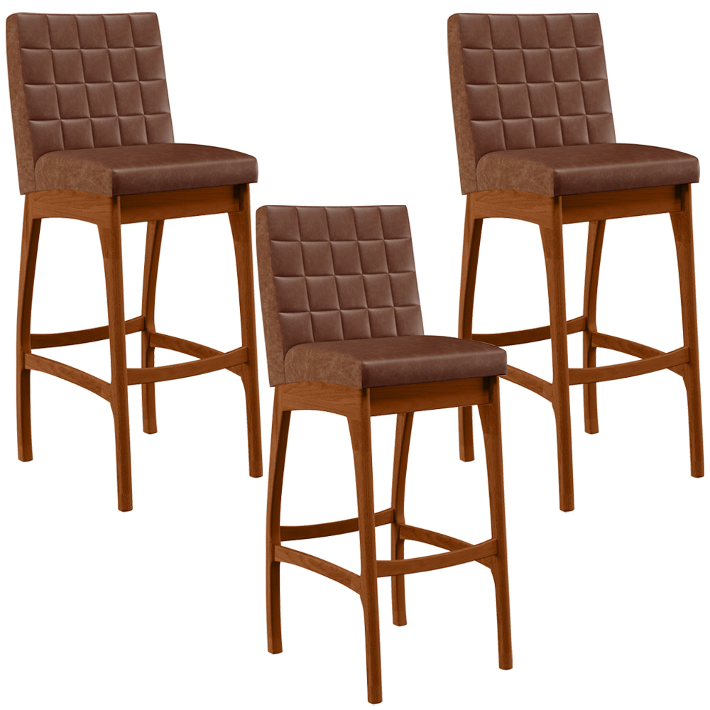 Kit 03 Banquetas Altas Para Cozinha Sala De Jantar Fixa Mila L02 Couríssimo Marrom - Lyam Decor