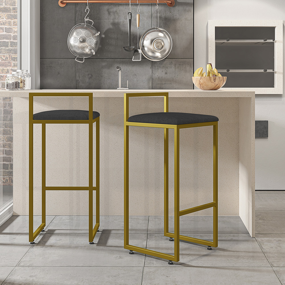 Kit 03 Banquetas Altas Para Cozinha Sala De Jantar Hanna L02 Dourado Linho Chumbo - Lyam Decor