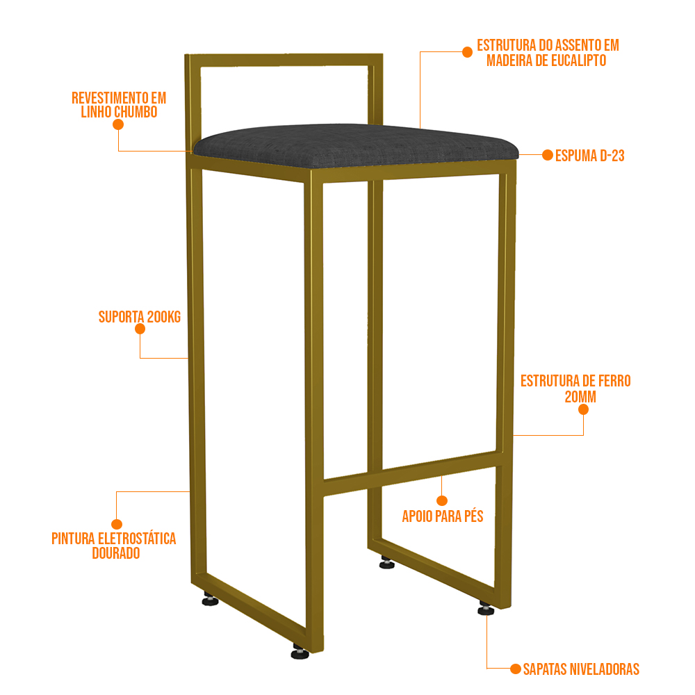 Kit 03 Banquetas Altas Para Cozinha Sala De Jantar Hanna L02 Dourado Linho Chumbo - Lyam Decor