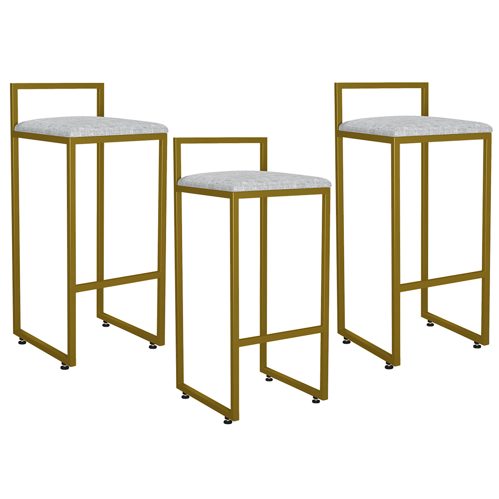 Kit 03 Banquetas Altas Para Cozinha Sala De Jantar Hanna L02 Dourado Linho Cinza - Lyam Decor