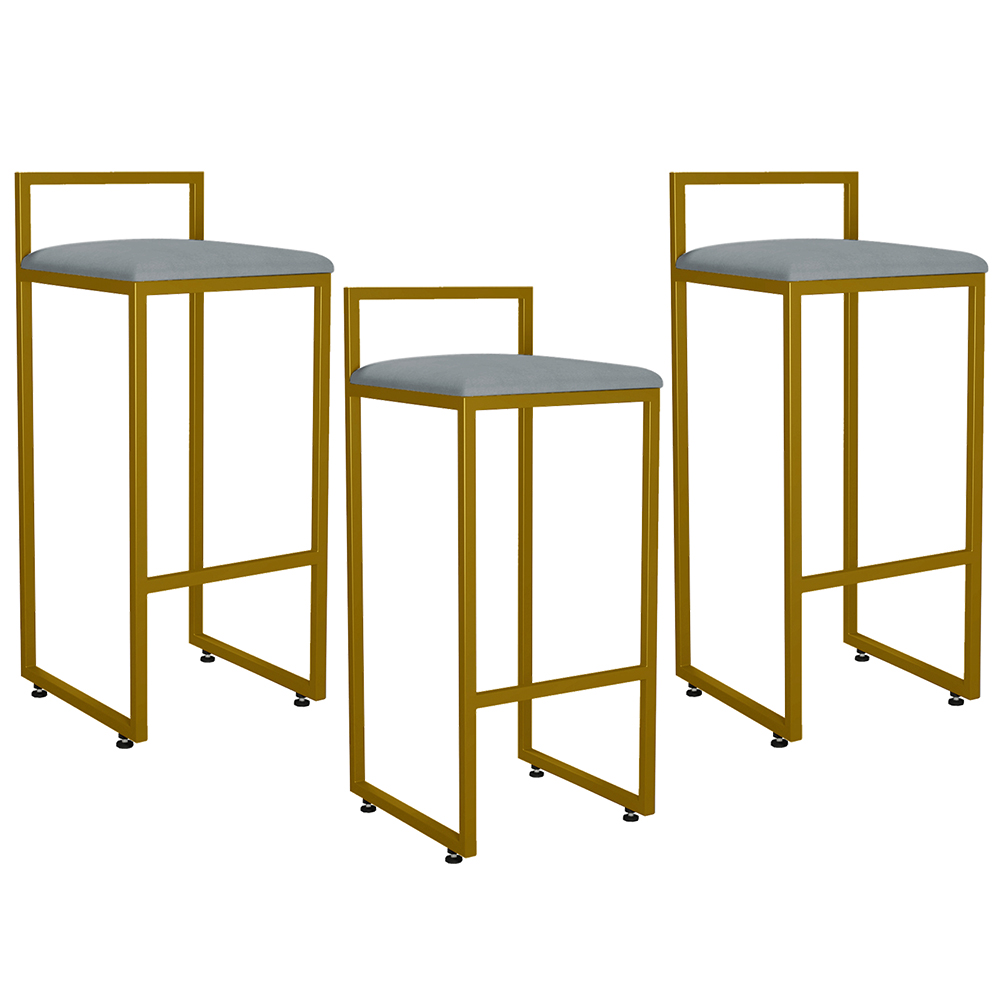 Kit 03 Banquetas Altas Para Cozinha Sala De Jantar Hanna L02 Dourado Suede Cinza - Lyam Decor