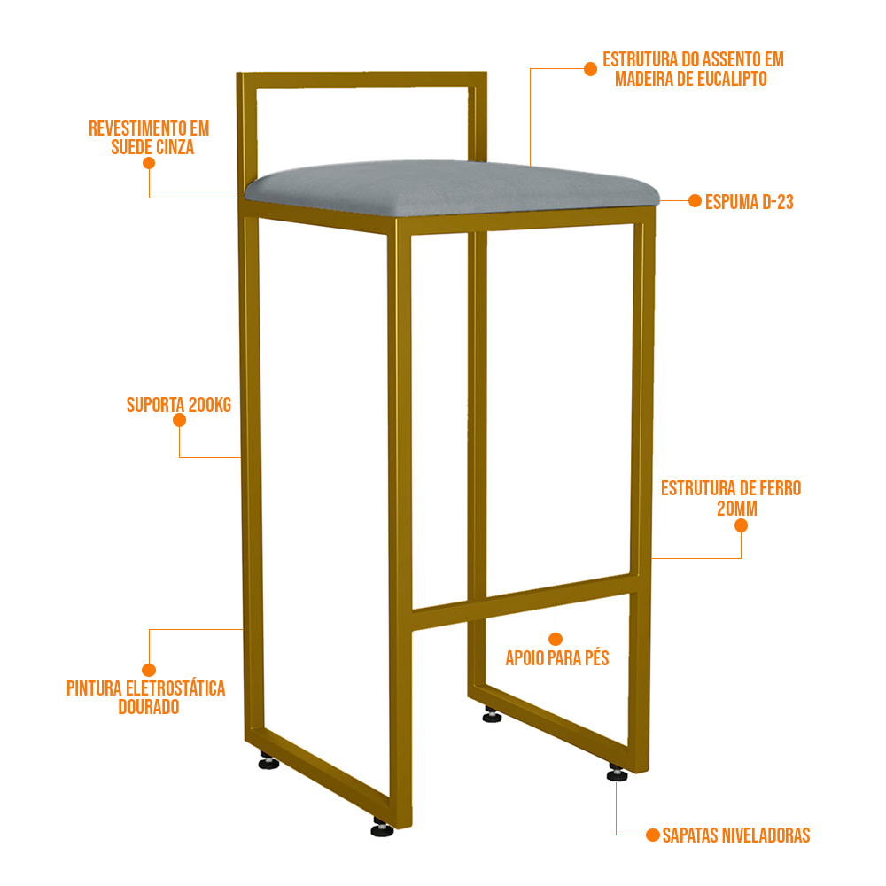 Kit 03 Banquetas Altas Para Cozinha Sala De Jantar Hanna L02 Dourado Suede Cinza - Lyam Decor