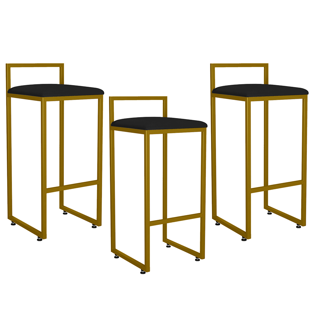 Kit 03 Banquetas Altas Para Cozinha Sala De Jantar Hanna L02 Dourado Suede Preto - Lyam Decor