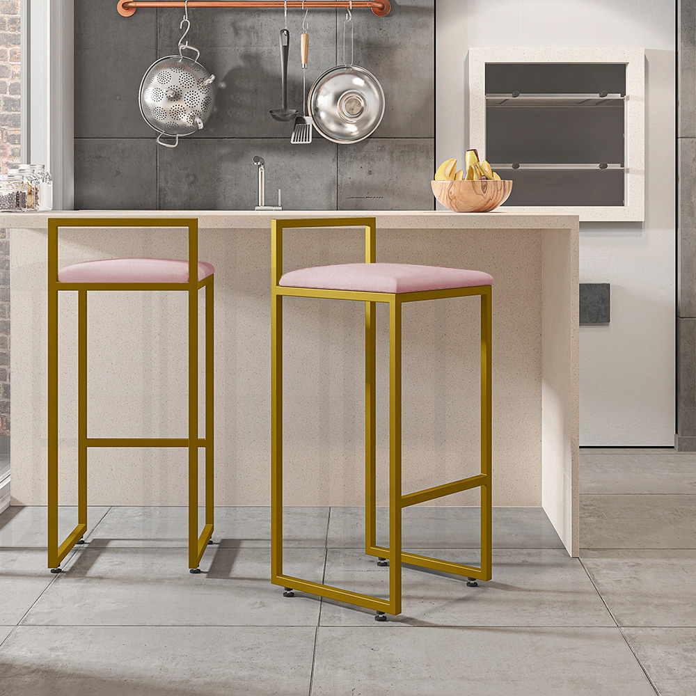 Kit 03 Banquetas Altas Para Cozinha Sala De Jantar Hanna L02 Dourado Suede Rosê - Lyam Decor