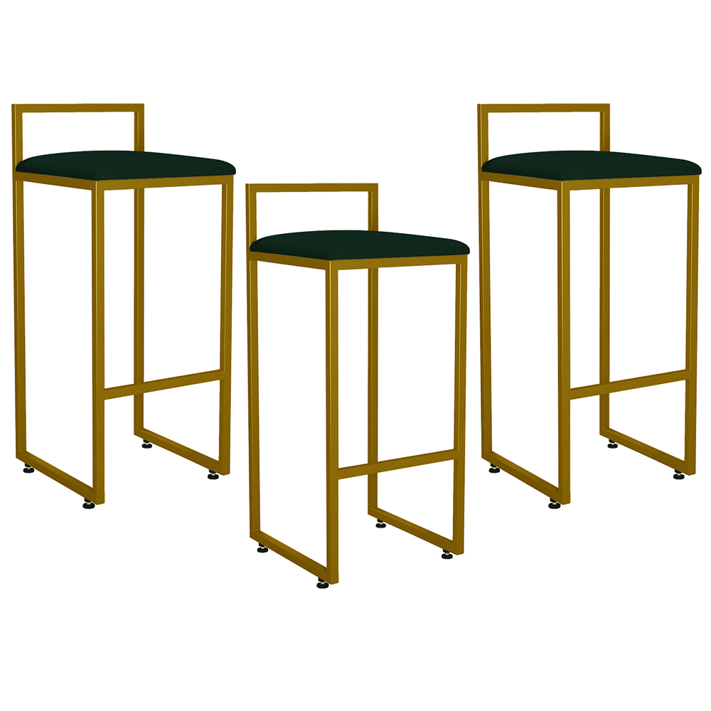 Kit 03 Banquetas Altas Para Cozinha Sala De Jantar Hanna L02 Dourado Suede Verde Musgo - Lyam Decor