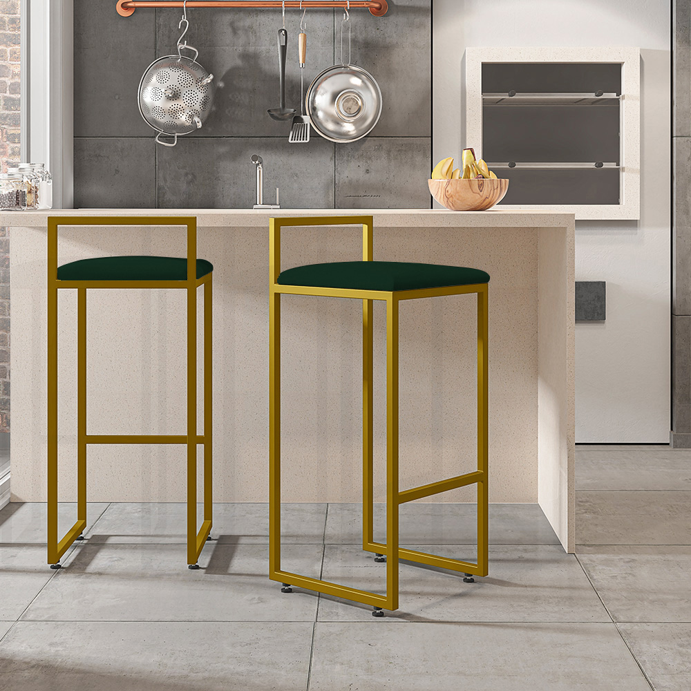 Kit 03 Banquetas Altas Para Cozinha Sala De Jantar Hanna L02 Dourado Suede Verde Musgo - Lyam Decor
