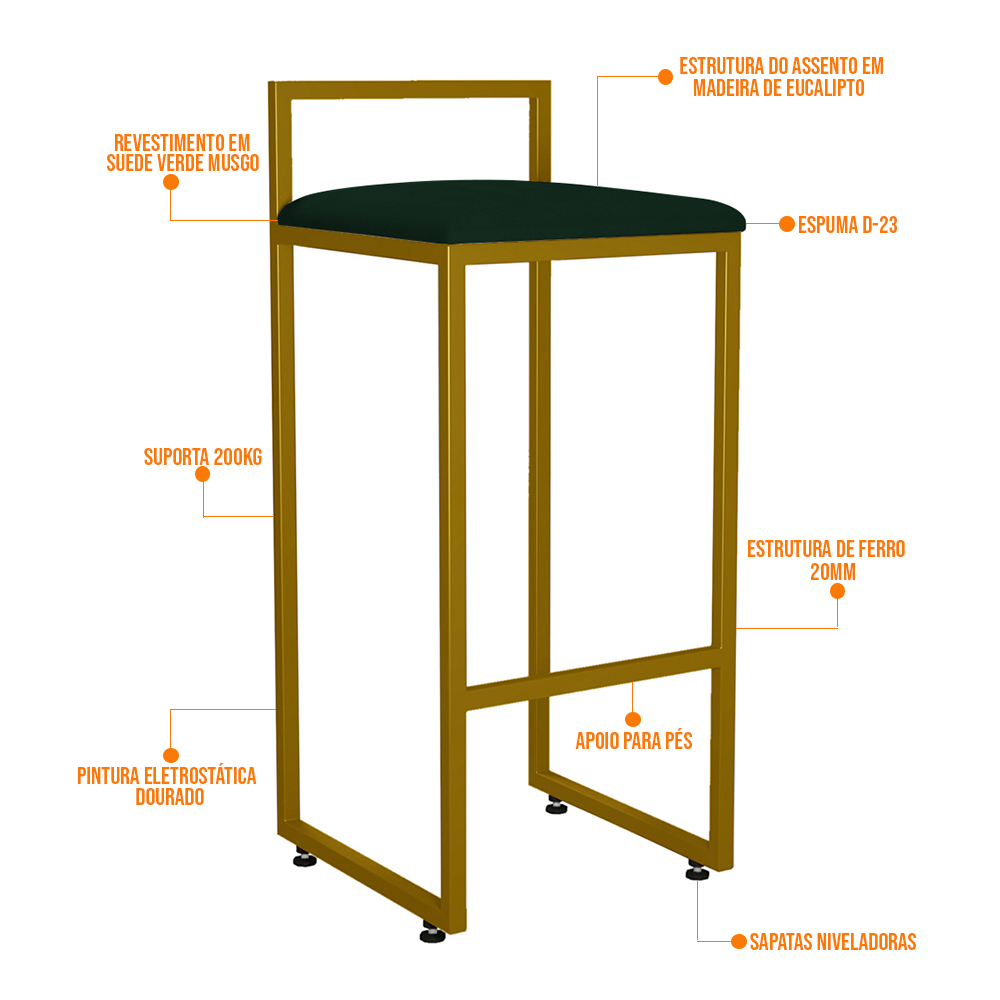 Kit 03 Banquetas Altas Para Cozinha Sala De Jantar Hanna L02 Dourado Suede Verde Musgo - Lyam Decor