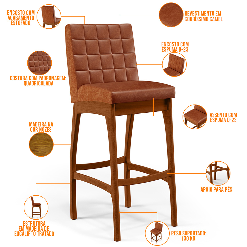 Kit 03 Banquetas Altas Para Cozinha Sala de Jantar Fixa Mila B04 Couríssimo Camel - Lyam Decor