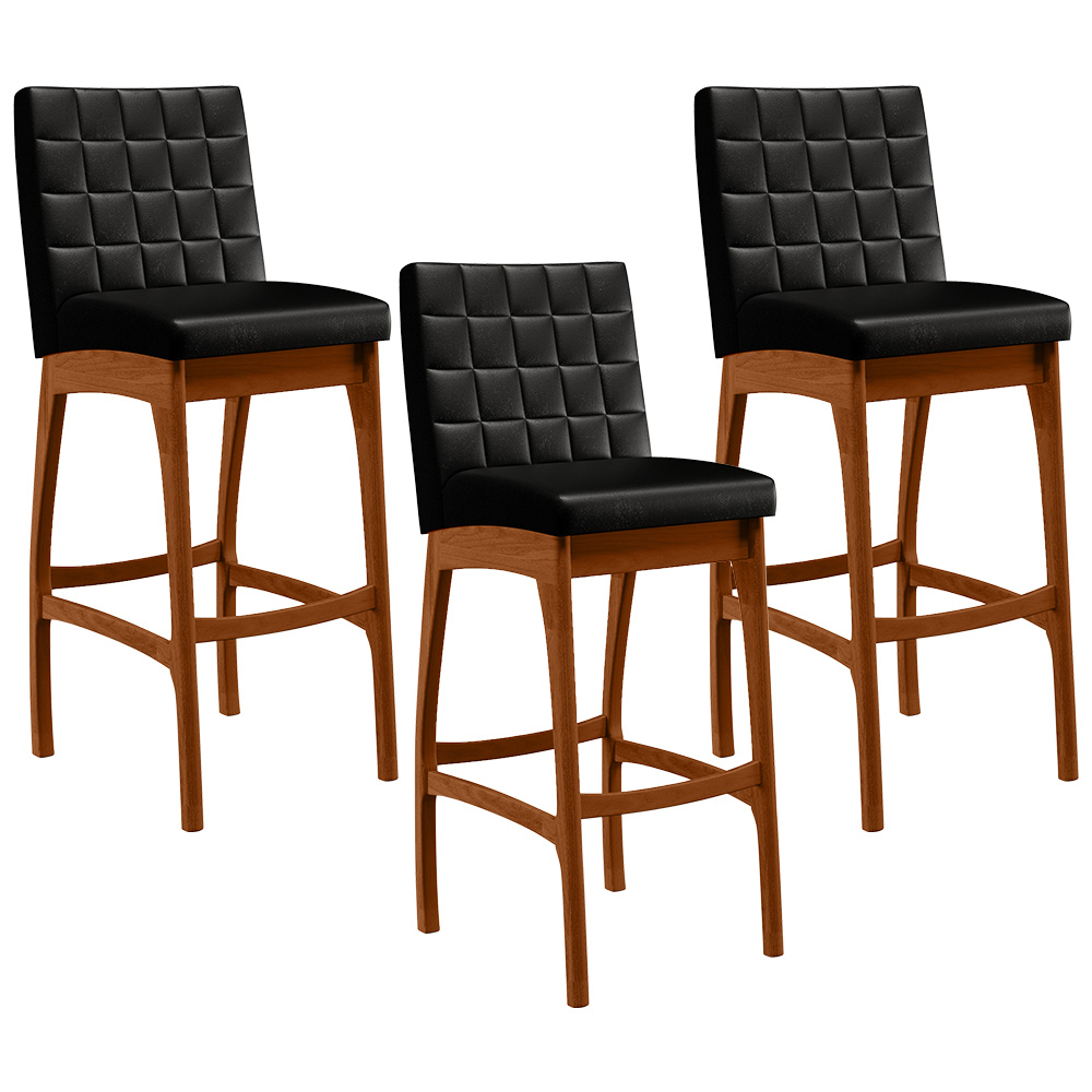 Kit 03 Banquetas Altas Para Cozinha Sala de Jantar Fixa Mila B04 Couríssimo Preto - Lyam Decor