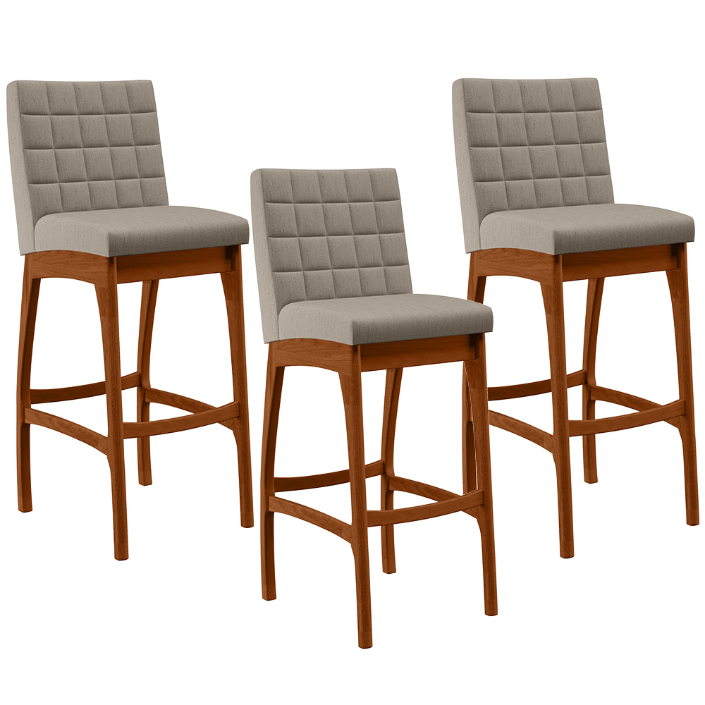 Kit 03 Banquetas Altas Para Cozinha Sala de Jantar Fixa Mila B04 Linho Bege - Lyam Decor