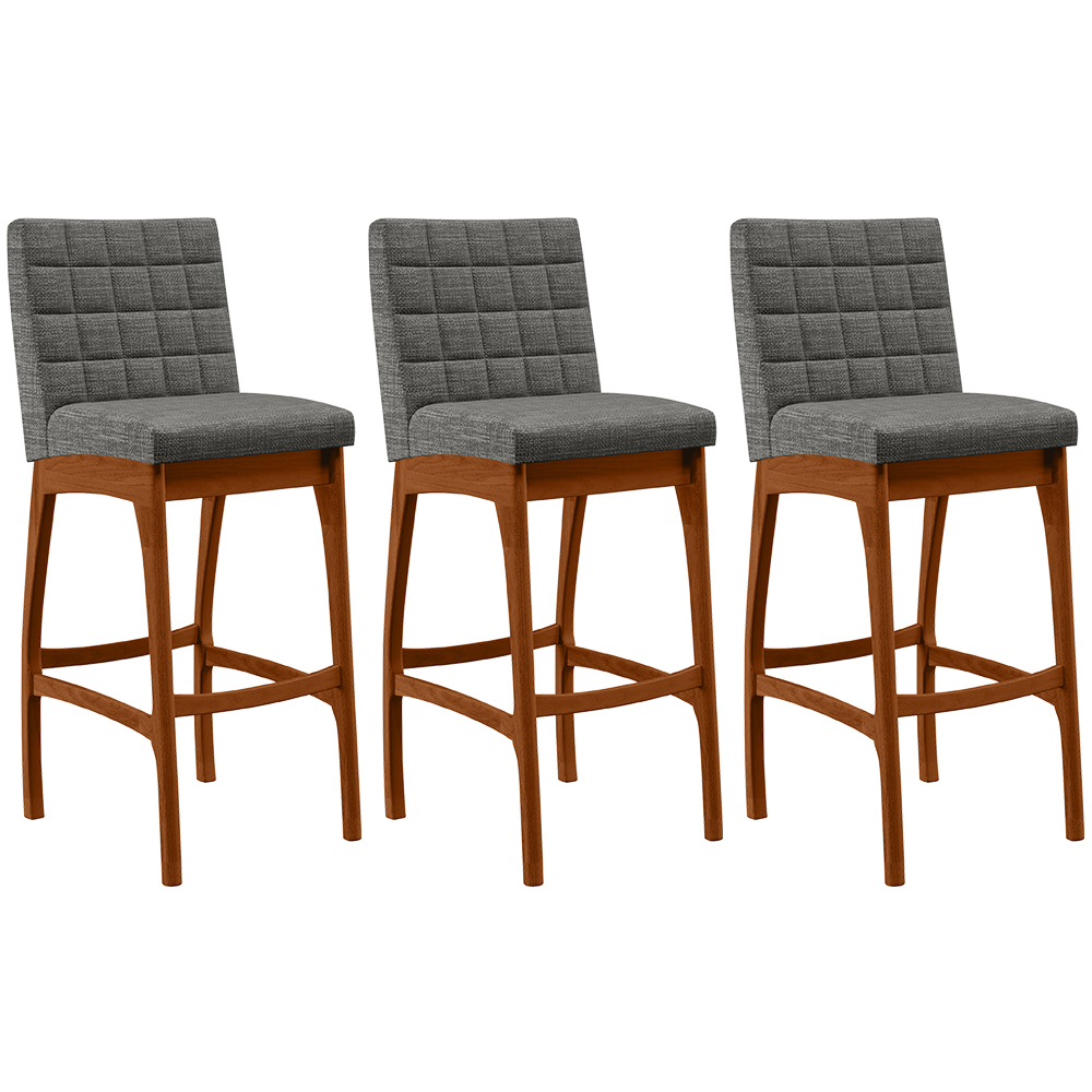 Kit 03 Banquetas Altas Para Cozinha Sala de Jantar Fixa Mila B04 Linho Cinza Escuro - Lyam Decor