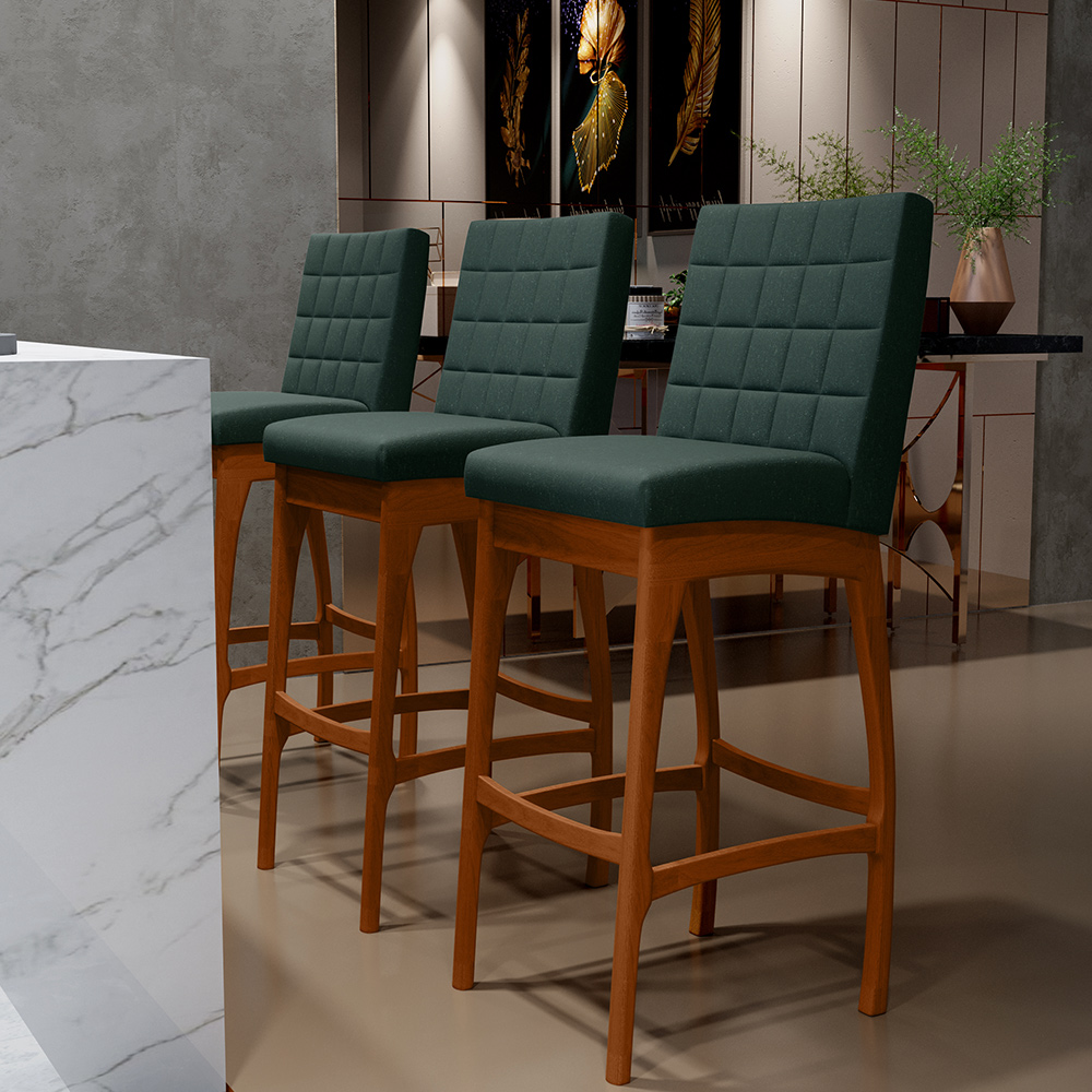 Kit 03 Banquetas Altas Para Cozinha Sala de Jantar Fixa Mila B04 Linho Verde Musgo - Lyam Decor