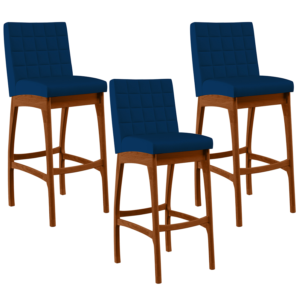 Kit 03 Banquetas Altas Para Cozinha Sala de Jantar Fixa Mila B04 Suede Azul Marinho - Lyam Decor