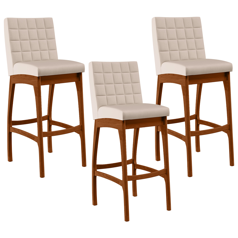 Kit 03 Banquetas Altas Para Cozinha Sala de Jantar Fixa Mila B04 Suede Bege - Lyam Decor