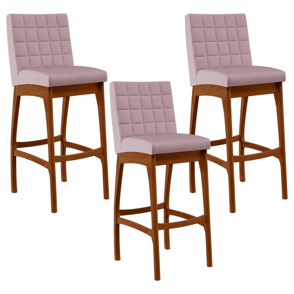 Kit 03 Banquetas Altas Para Cozinha Sala de Jantar Fixa Mila B04 Suede Rosê - Lyam Decor