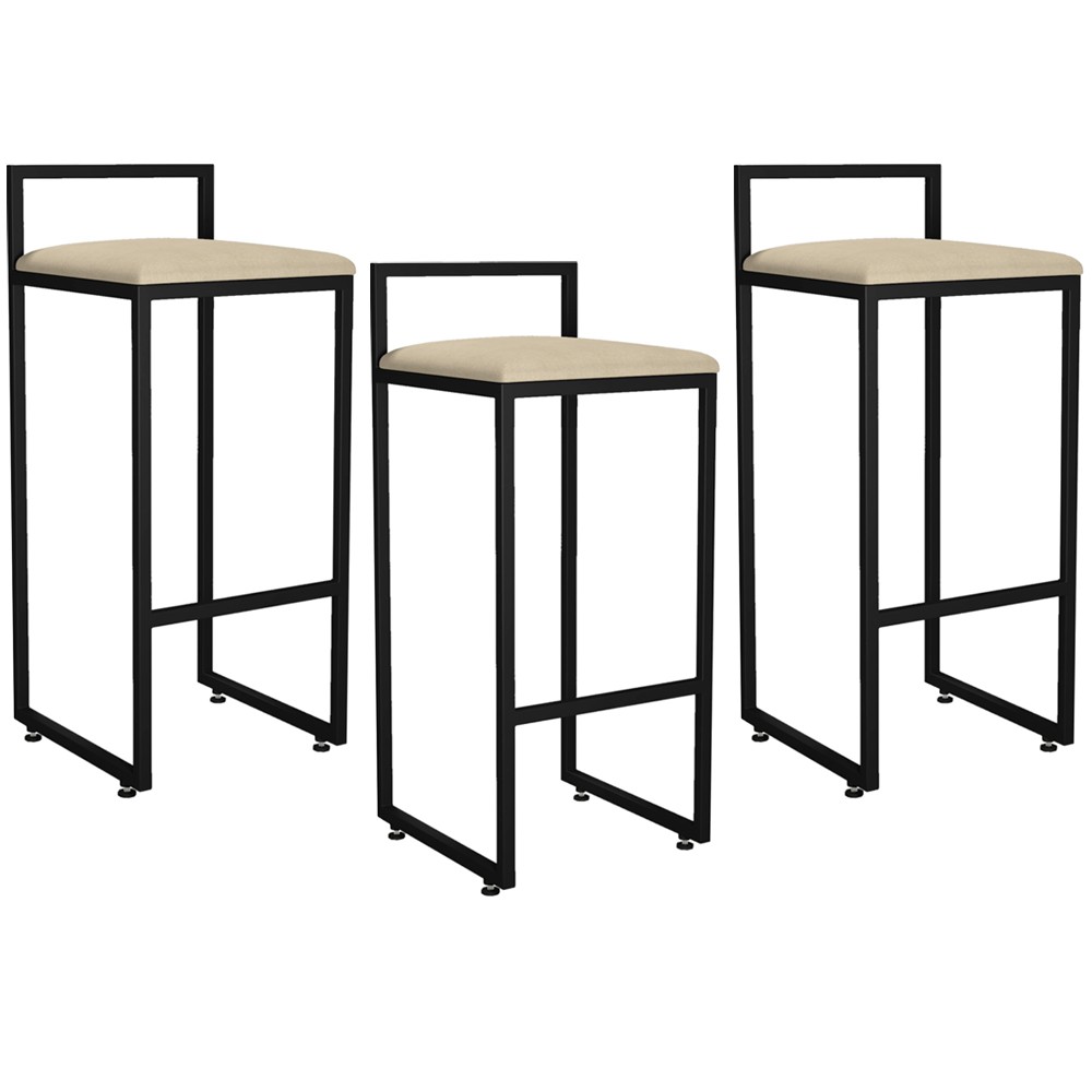Kit 03 Banquetas Altas Para Cozinha Sala de Jantar Hanna L02 Preto Suede Bege - Lyam Decor
