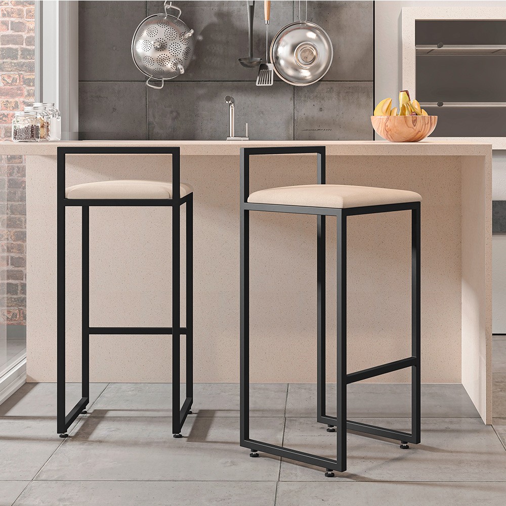 Kit 03 Banquetas Altas Para Cozinha Sala de Jantar Hanna L02 Preto Suede Bege - Lyam Decor