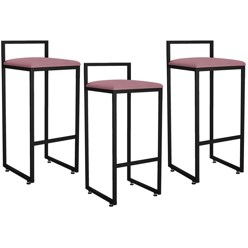 Kit 03 Banquetas Altas Para Cozinha Sala de Jantar Hanna L02 Preto Suede Rosê - Lyam Decor